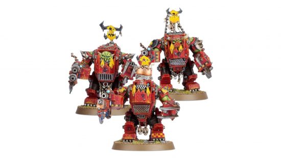 Warhammer 40k points - Ork Meganobz, three alien Orks in blocky red powered armour - product photo by Games Workshop