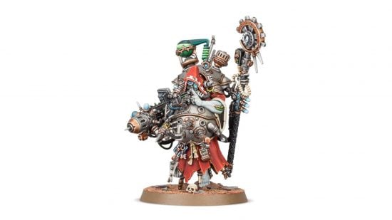 Warhammer 40k points - an Adeptus Mechanicus techpriest Manipulus, a cyborg in red robes with a huge array of bizarre tech relics - product photo by Games Workshop