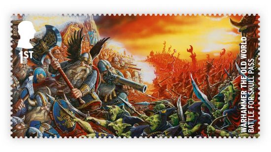 Warhammer 40k postage stamps - the cover art from Battle for Skull Pass for Warhammer fantasy battles, dwarfs facing off against goblins