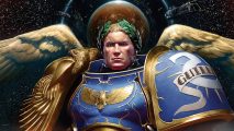 Warhammer 40k Roboute Guilliman guide - Games Workshop artwork showing the head and shoulders of Roboute Guilliman in the Armor of Fate, with feathered wings, a planet, spacecraft, and the galaxy behind