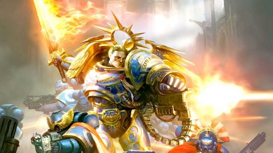 Warhammer 40k Roboute Guilliman guide - Games Workshop artwork showing Roboute Guilliman in the Armor of Fate, about to strike with the Emperor's Sword, flanked by several Ultramarines veteran space marines