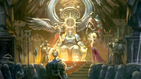 Warhammer 40k Roboute Guilliman guide - Games Workshop artwork showing Roboute Guilliman in the Armor of Fate, being crowned Imperial Regent by Saint Celestine, flanked by Archmagos Belisarius Cawl, Adeptus Custodes, and many Ultramarines.