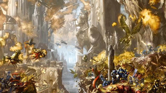 Warhammer 40k Roboute Guilliman guide - Games Workshop artwork showing a huge battle of Death Guard and Ultramarines during Mortarion's attack on Roboute Guilliman's home territory