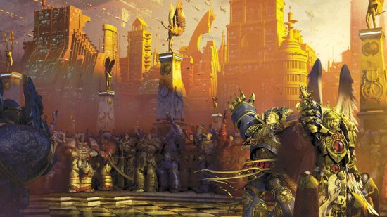 Warhammer 40k Roboute Guilliman guide - Games Workshop artwork showing Roboute Guilliman crowning Sanguinius Emperor of Imperium Secundus in An Unremembered Empire