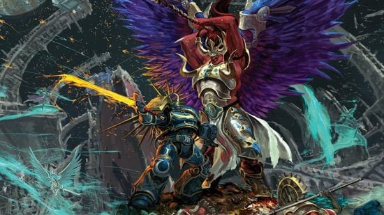 Warhammer 40k Roboute Guilliman guide - Games Workshop artwork showing Roboute Guilliman in the Armor of Fate battling Thousand Sons primarch Magnus the Red