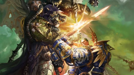 Warhammer 40k Roboute Guilliman guide - Games Workshop artwork showing Roboute Guilliman in the Armor of Fate battling Death Guard primarch Mortarion in close combat