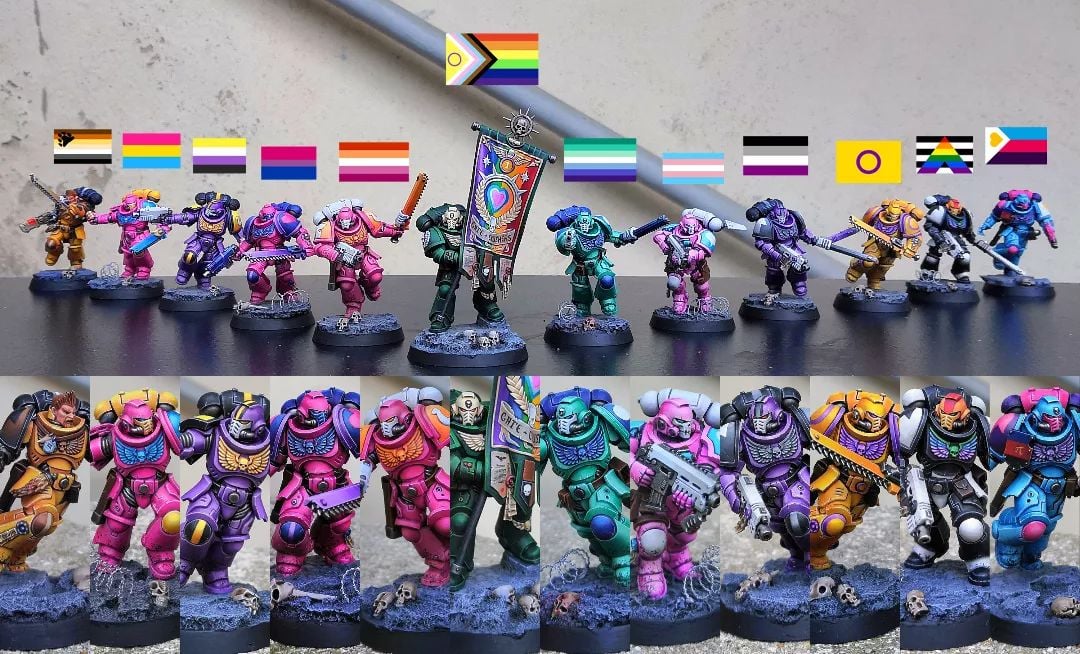 Warhammer 40k Space Marines painted in Pride Flag colors by CerberusXt
