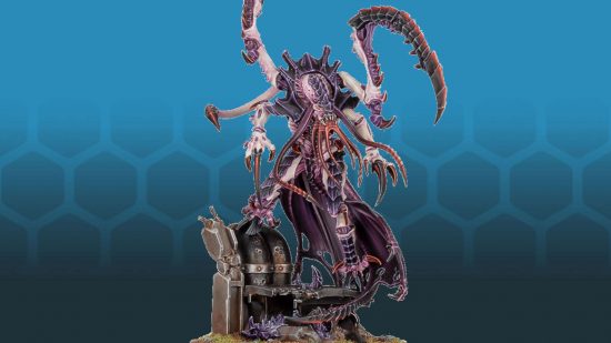 Warhammer 40k Tyranid Deathleaper model, a scaly alien monster with preying mantis claws, mindflayer mouth, and weird tentacles