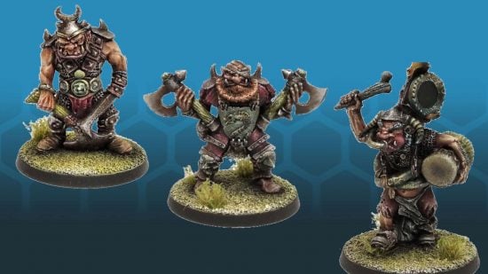 Mercenary Ogres in the Oldhammer 80s Warhammer style, sculpted by Aaron Howdle, produced by Knightmare Miniatures