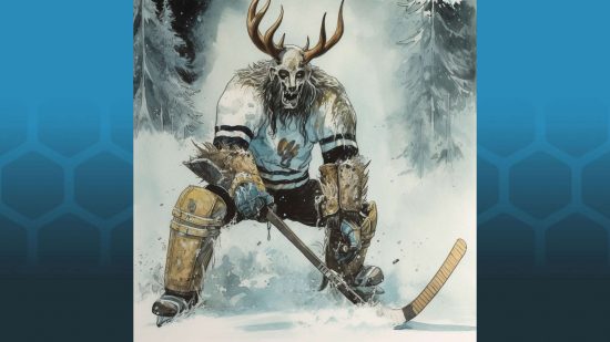 Slapshot Showdown is like Warhammer Blood Bowl meets Ice Hockey - art for a hockey playing monster with deer antlers
