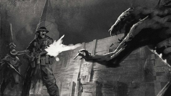 Warhammer designer Tuomas Pirinen previews trench crusade rules - black and white art by Mike Franchina, a trench soldier shoots at a werewolf thing