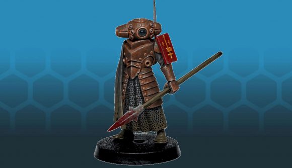 Warhammer designer Tuomas Pirinen previews trench crusade rules - Observer model, a red armored warrior with boar spear, designed by Mike Franchina and sculpted by James Sheriff