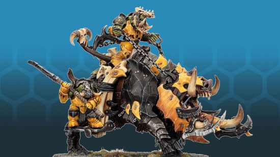 Warhammer preview for most of GW's games except for Warhammer 40k - Orruk Mawgrunta, a model revealed at Warhammer Fest 2023, a team of armored orks riding a huge boar