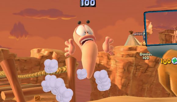 Worms board game - a worm being hit through the air.
