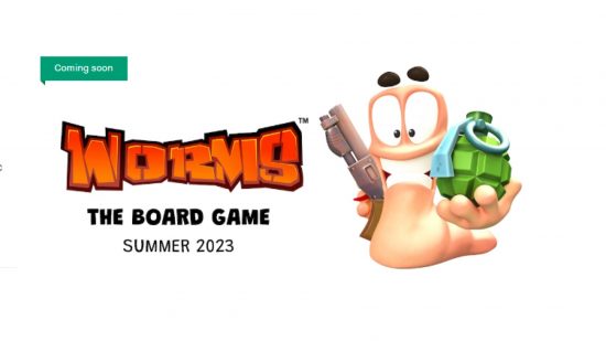 Worms board game - Worms Kickstarter page showing a worm holding a gun and a grenade.