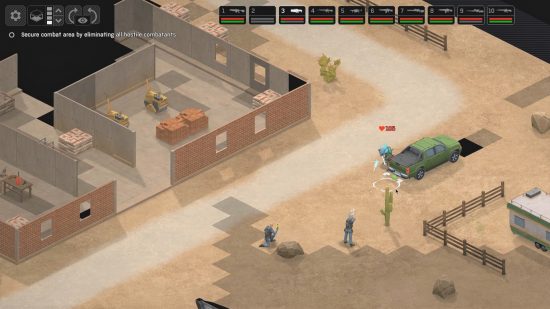 Xenonauts 2 screenshot showing a fight in a desert landscape.