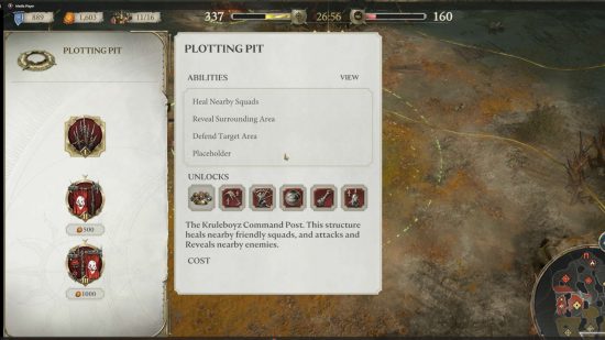 Warhammer Age of Sigmar: Realms of Ruin preview - menu for the Kruleboyz plotting pit, the main camp structure that can be upgraded