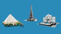 Best Lego Architecture sets: the Great Pyramid of Giza, the Eiffel Tower, and Trevi Fountain in a row.