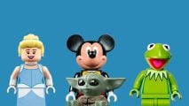 Best Lego Disney sets- image shows the Lego minifigure versions of Kermit, Mickey, Grogu, and Cinderella,.