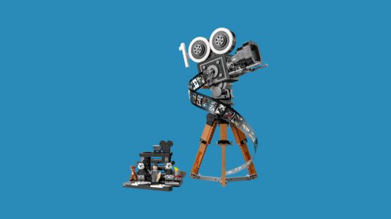 Best Lego Disney sets: Walt Disney Tribute Camera. Image shows minifigures of Walt Disney, Mickey Mouse, Mini Mouse, Bambi, and Dumbo standing near a giant camera.
