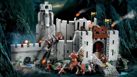Best Lego Lord of the Rings sets: The Battle of Helm's Deep. Image shows the battle taking place with the set posed dynamically.