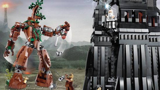 Best Lego Lord of the Rings sets: Tower of Orthanc. Image shows the set dynamically posed with a large Lego Ent.