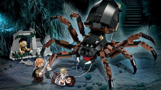 Best Lego Lord of the Rings sets: Shelob Attack. Image shows Lego Shelob attacking Frodo and Sam.