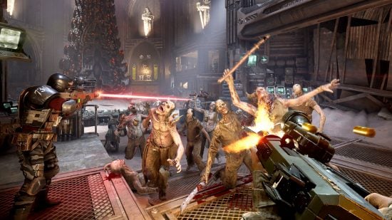 Best Warhammer 40k games guide - Darktide screenshot showing two guardsmen characters shooting at Nurgle poxwalkers