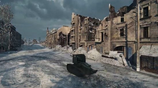 Best WWI games: World of Tanks. Image shows a Renault FT trundling along in a snowy town.