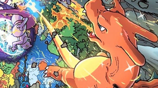 Charizard Pokemon card art featuring Charizard fighting Mewtwo