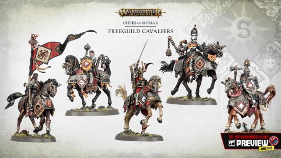 Warhammer Age of Sigmar Cities of Sigmar launch box - Games Workshop image showing the new Cities of Sigmar Freeguild Cavaliers models