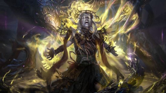 DnD bard 5e class guide Bestow Curse spell - MTG card art by Randy Vargas, Cursebound Witch, a screaming woman overcome by ethereal energies and crasping talons from beyond