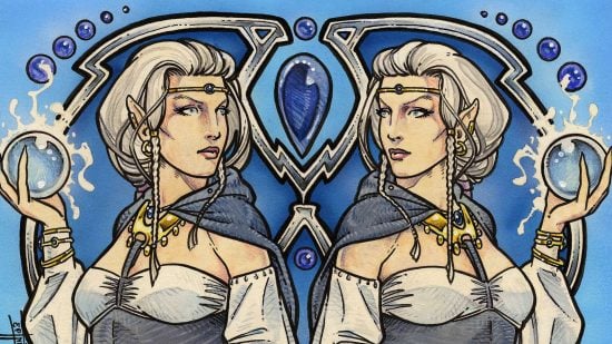 DnD bard 5e class guide Polymorph spell - MTG card art by Quinton Hoover, Vesuvan Doppelganger, two identical women holding crystal balls look into the distance