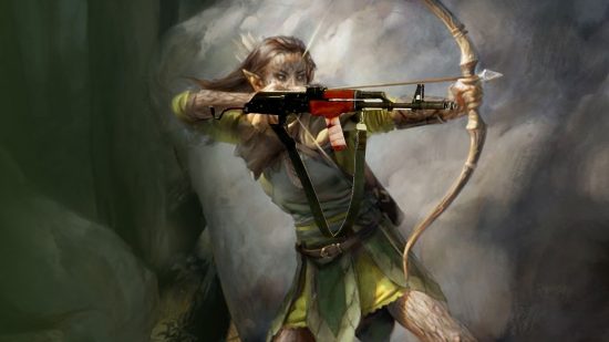 A DnD elf with an AK47 crudely photoshopped over it