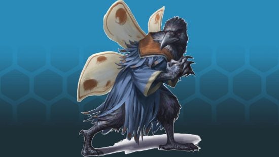 Wizards of the Coast art of a Kenku, one of the fantastical DnD races, wearing butterfly wings