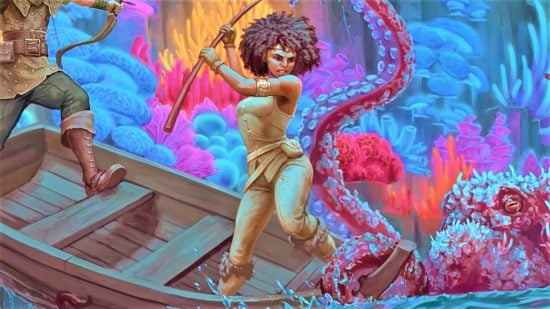 DnD Restrained 5e - Wizards of the Coast art of an adventurer defending herself from an octopus