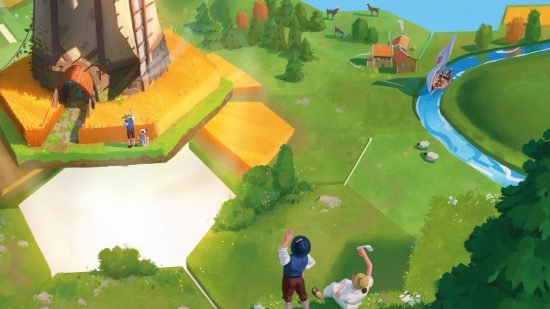 Dorfromantik board game cover showing a beautiful rural landscape.