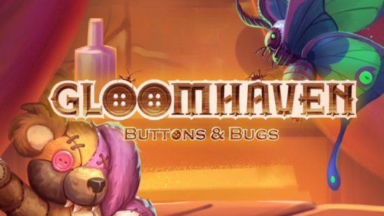 Gloomhaven Buttons and Bugs artwork showing a butterfly and a teddy bear.