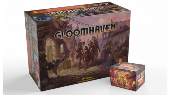 Gloomhaven Buttons and Bugs placed next to the original Gloomhaven box.