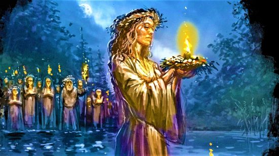 Gord image of a woman holding a candle in a lake as villagers watch on