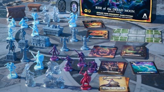 HeroQuest adventure Rise of the Dread Moon box contetns - a selection of plastic miniatures, cards, and cardboard tiles