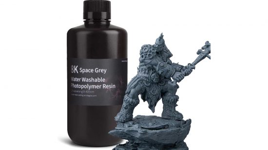 How to 3D print miniatures guide - Elegoo sales image showing a bottle of Elegoo 8k resin and a grey fantasy mini