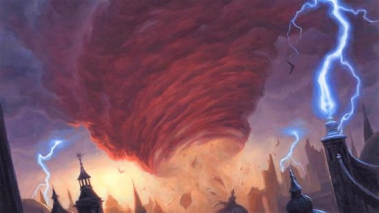 Magic The Gathering Commander Masters a red tornado above a city.
