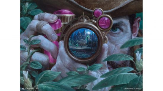 Upcoming MTG sets - a man photographing a scene in a park at night.