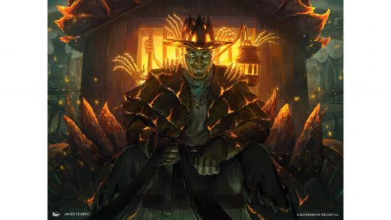 Upcoming MTG sets - a smug man on a carriage with ghostly hands reaching through bars behind him.