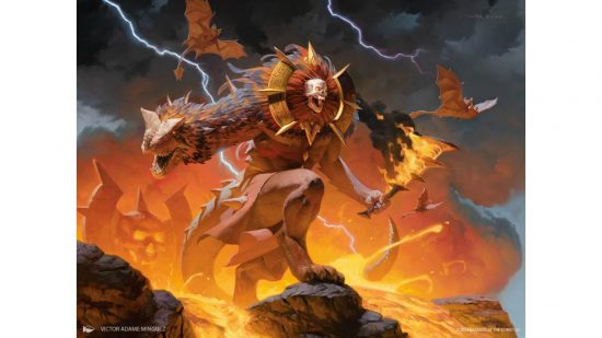 Upcoming MTG sets - a demonic figure with a skull face, ornate ruff, burning sword, dinosaur head on one arm, and big cat legs.