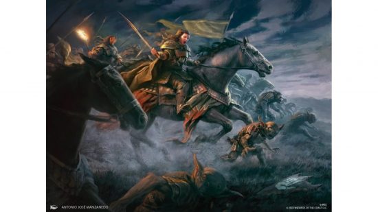 Upcoming MTG sets - Lord of the Rings art showing Rohan Cavalry chasing goblins.