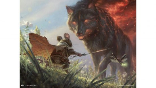 Upcoming MTG sets - A mouse knight preparing to fight a giant wolf.