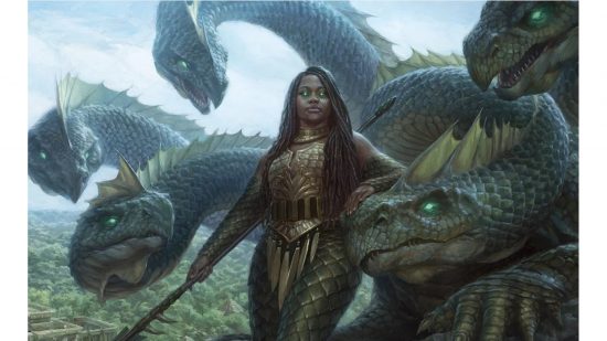 Upcoming MTG sets - A woman with a hydra.