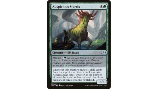 MTG Mutate keyword - the magic card Auspicious Starrix, an incredibly large horselike creature with a crown of horns and green striped flanks
